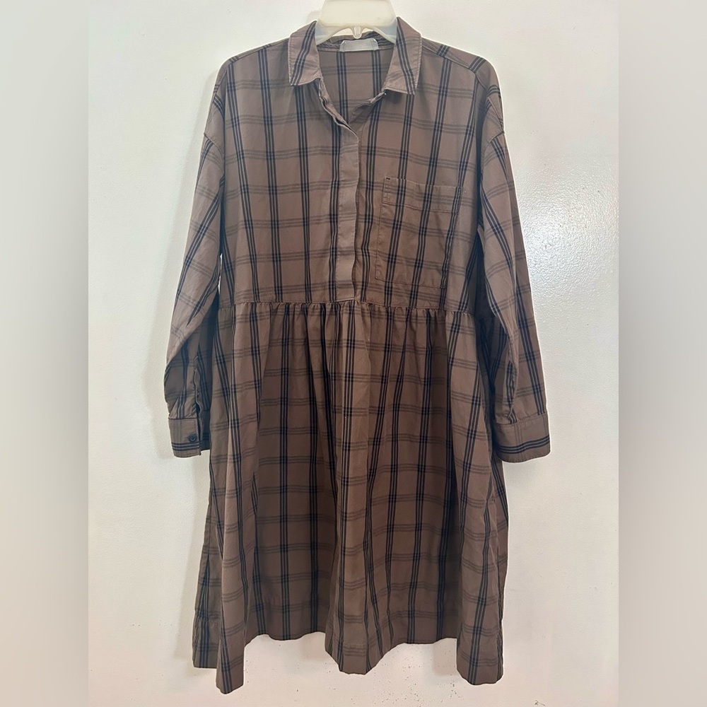 Everlane The Field Dress In Mocha Plaid Babydoll Smock Shirt Pockets Brown Sz. M